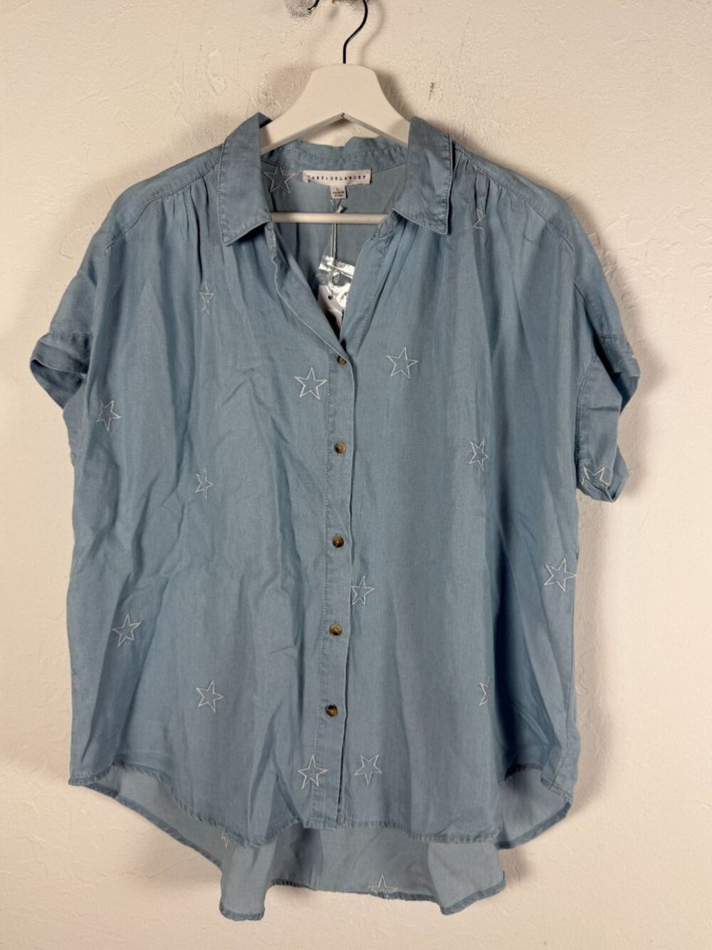 Jane + Delancey Womens Blue Star Embroidered Button-Up Chambray Shirt Large New